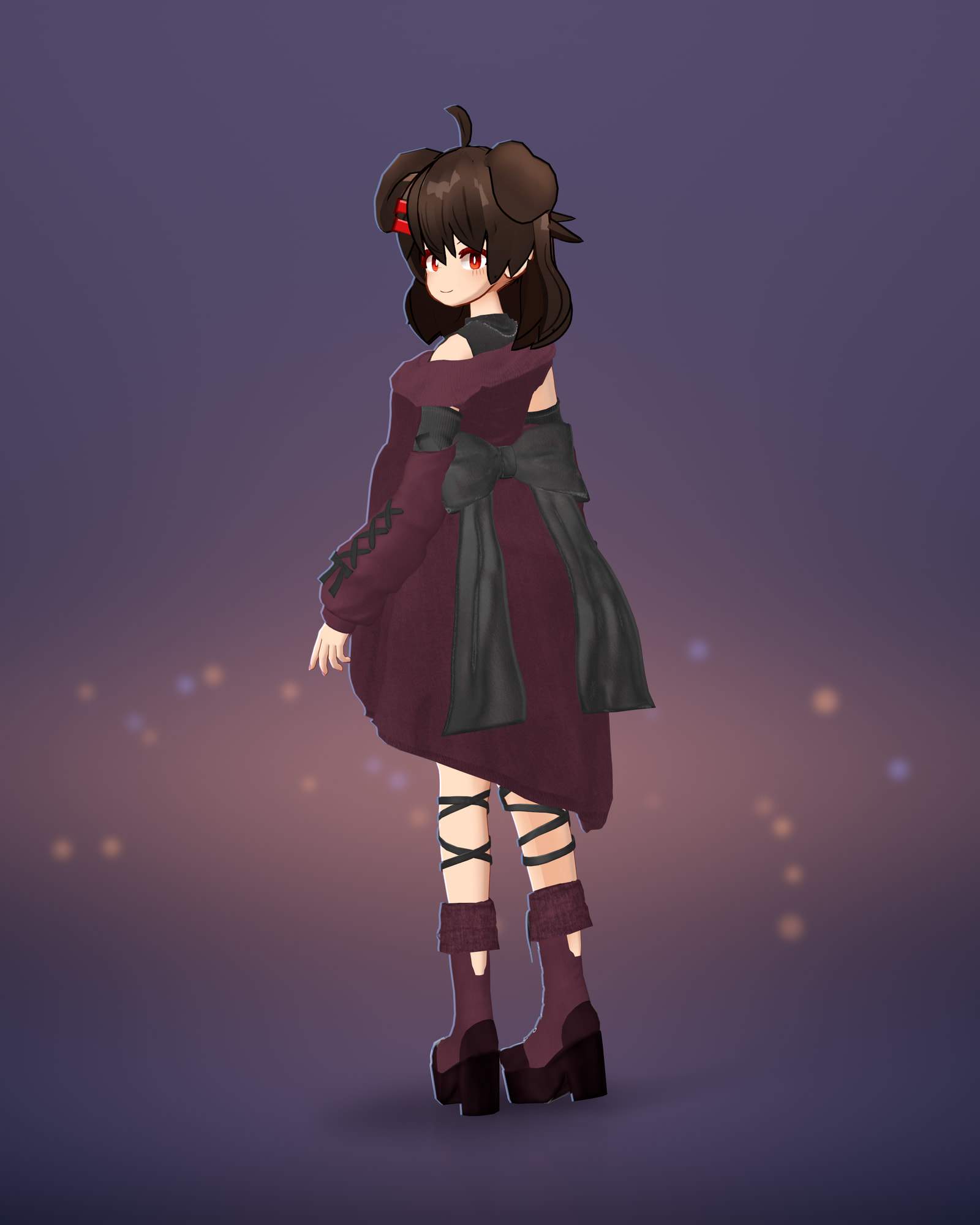 Akane seen from behind, glancing back over her shoulder with a smile, showing the large black bow and long ribbon tails on the back of her wine-red sweater dress, the laced sleeve and platform boots.