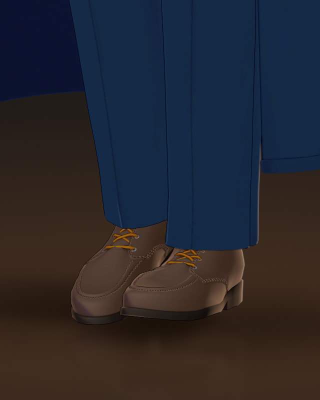 Detail: brown lace-up ankle boots with ochre laces under navy trousers, with the hem of the navy coat at the top right.