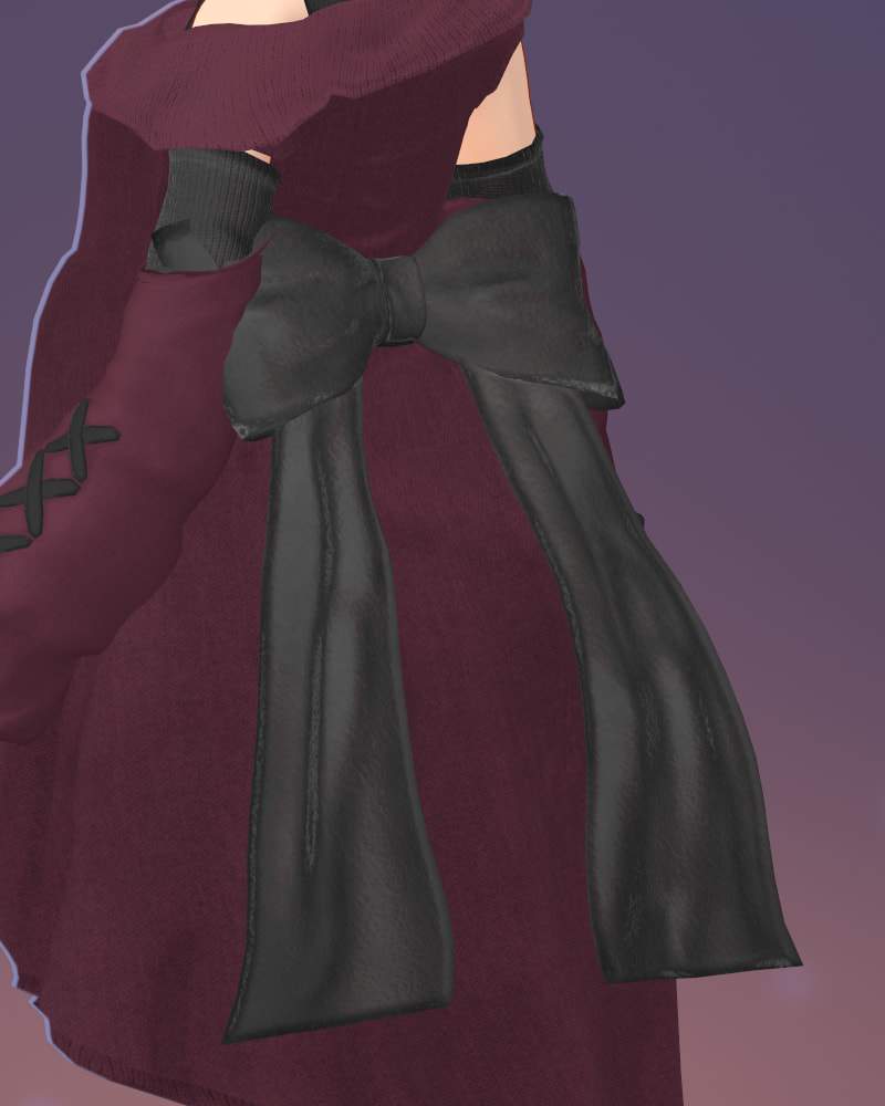 Detail from behind: a large black bow with long ribbon tails on the back of the wine-red sweater dress, next to a detached wine-red sleeve with black cross-lacing over a black arm warmer.