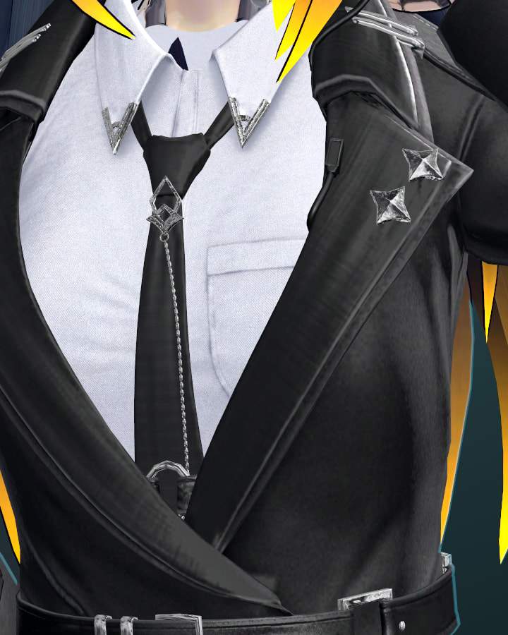 Detail: white shirt with V-shaped silver collar pins, a black tie with a diamond-shaped tie clip on a chain, a breast pocket and two silver star studs on the black coat lapel.