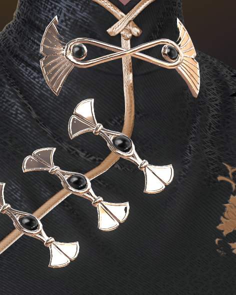 Detail: the cheongsam’s high collar with gold frog fastenings set with black stones, and gold floral embroidery on the black fabric.