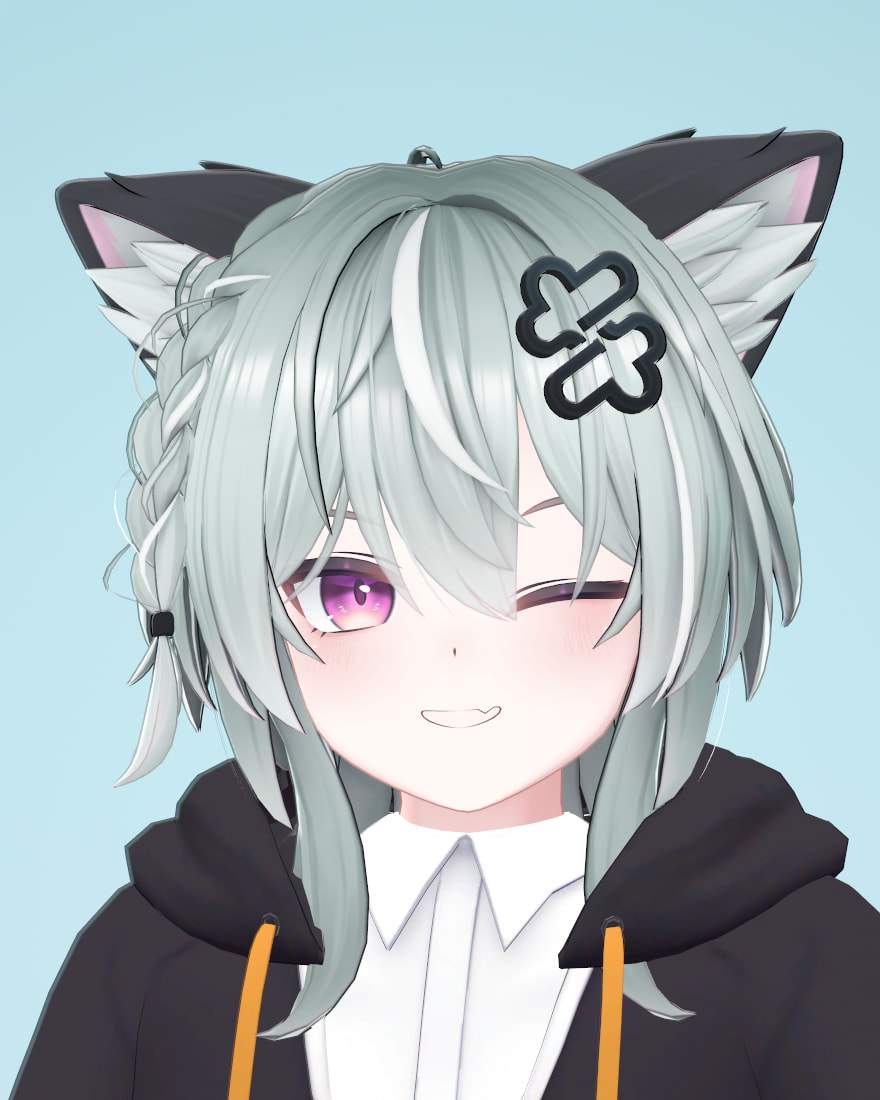 Close-up of Kirisame winking with a wide smile: mint-grey braid, white streak, black interlocking hair clip and fluffy black-tipped ears, above the hoodie’s black hood and a white shirt collar.