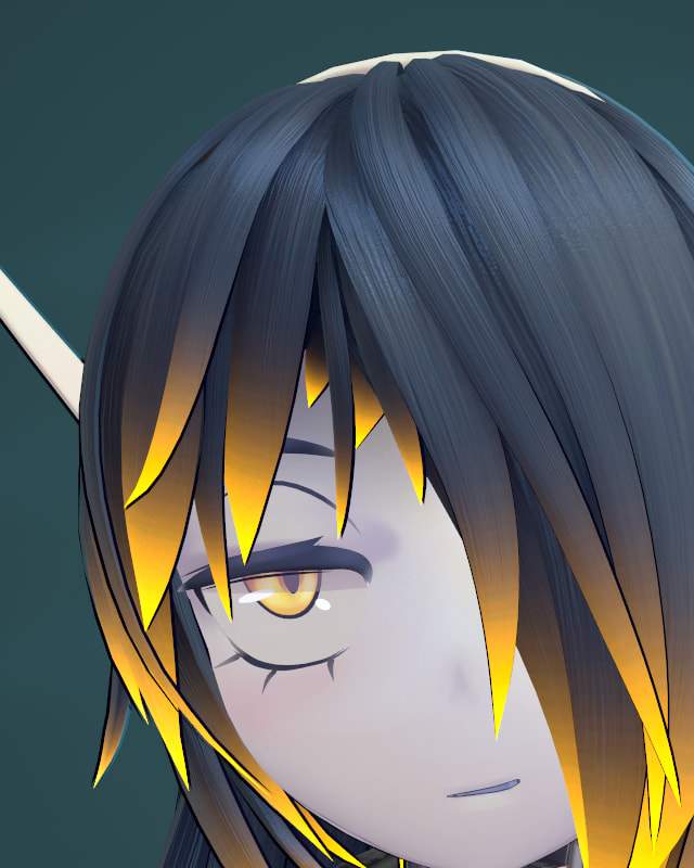 Close-up of RUNA’s pale robot face: one amber eye with a seam line beneath it looks out from a blue-black fringe with neon-yellow tips, with an ivory antenna on the left.