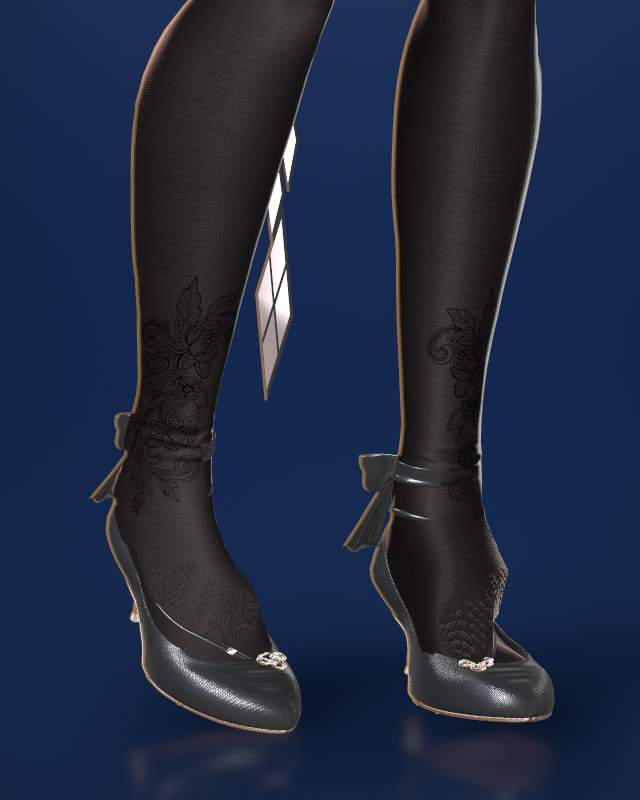 Detail: black heels with ankle bows and small gold knot charms over dark stockings with a floral lace pattern, reflected on a glossy blue floor.