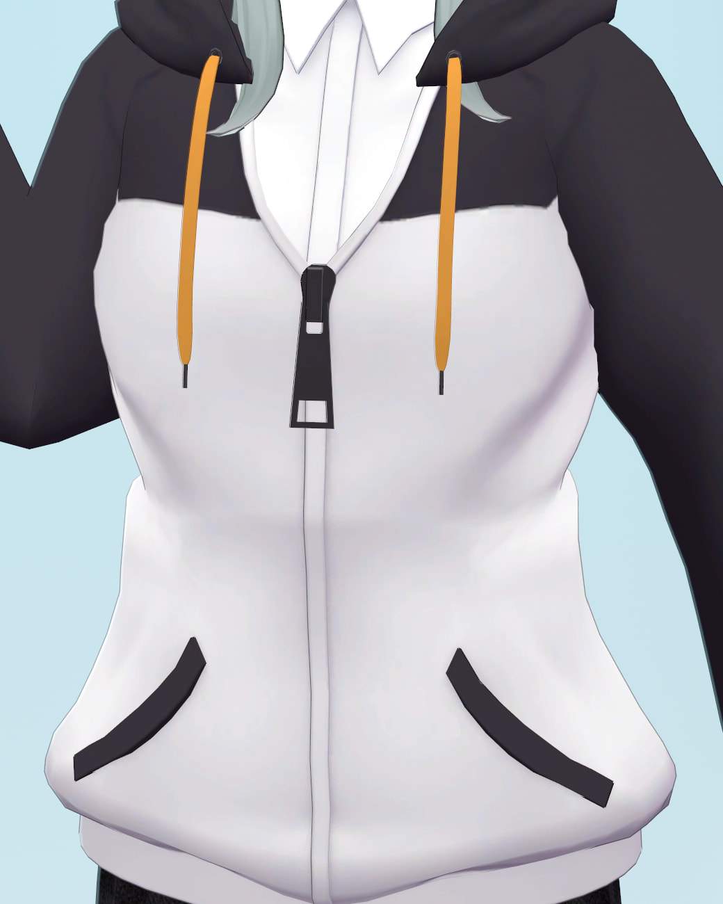 Detail of the penguin hoodie: black hood and sleeves, white front panel, oversized zip pull, orange drawstrings and black-trimmed pockets, worn over a white collared shirt.