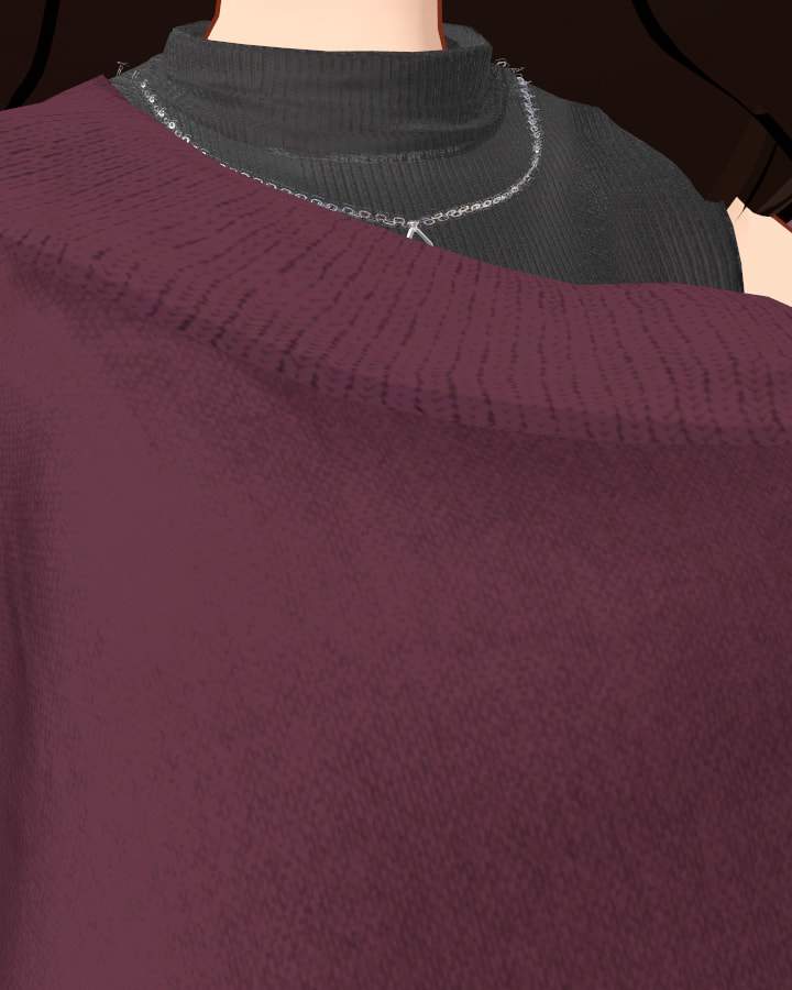Detail: the wine-red knit of the off-shoulder sweater over a black high-neck top with a thin chain necklace.