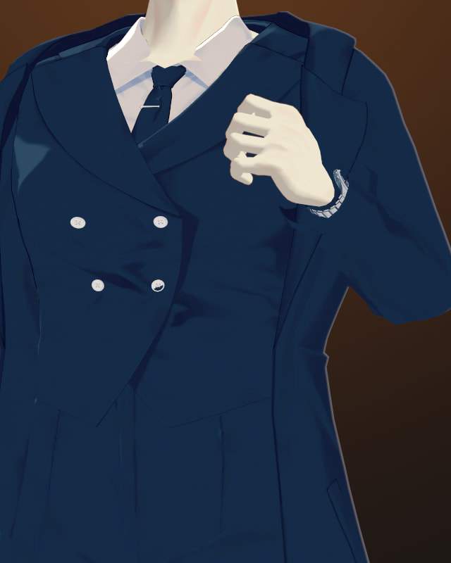 Detail: navy double-breasted waistcoat with four silver buttons, white shirt collar, navy tie with a tie bar, and Alu’s hand at the coat lapel showing a silver watch.
