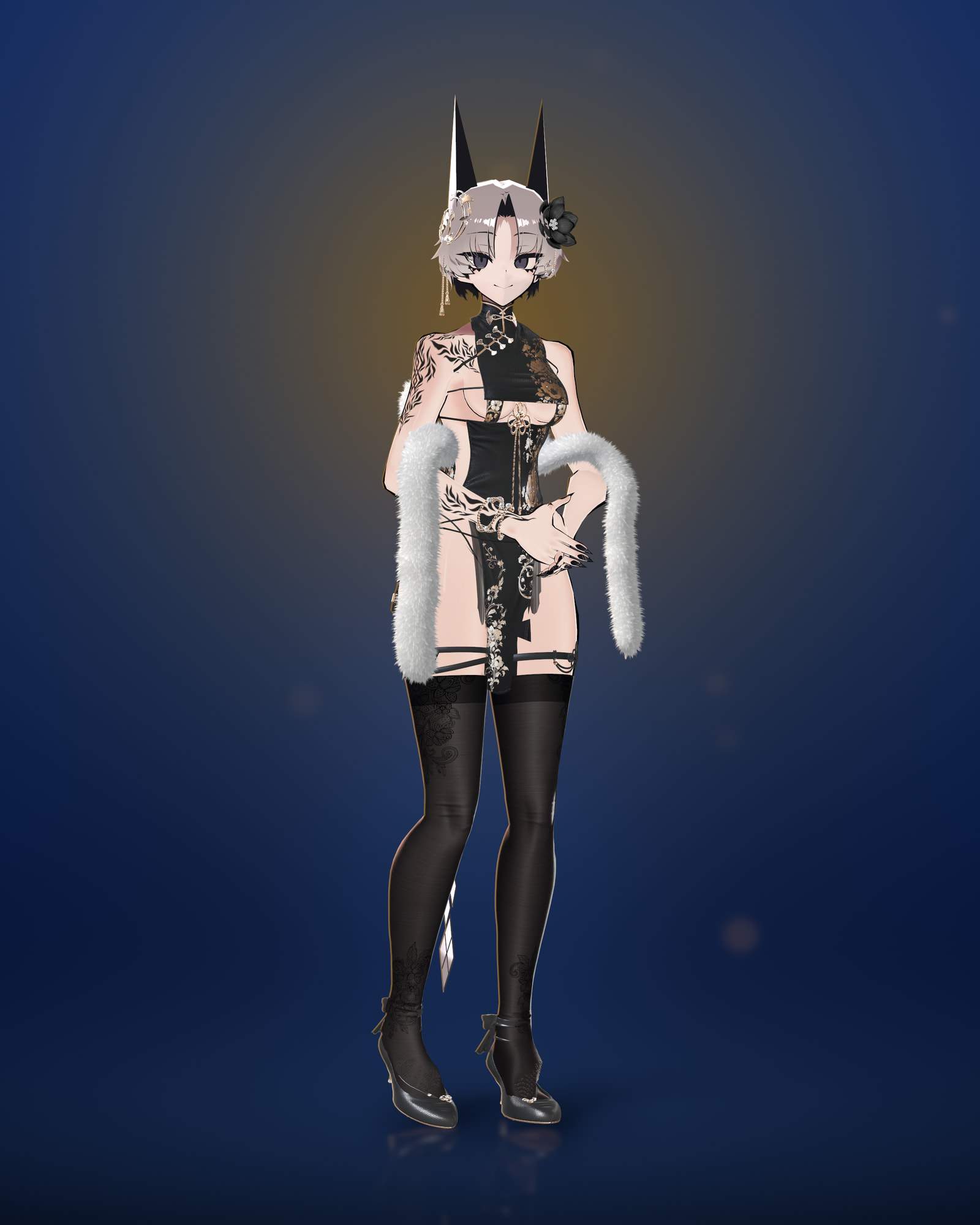 Full-body render of SiuSiu with a short silver bob and tall black pointed ears, wearing a black cut-out cheongsam with gold floral embroidery, a white fur stole draped through the elbows, black lace-patterned stockings and black heels, hands loosely clasped in front, against a deep blue backdrop with a warm gold glow.