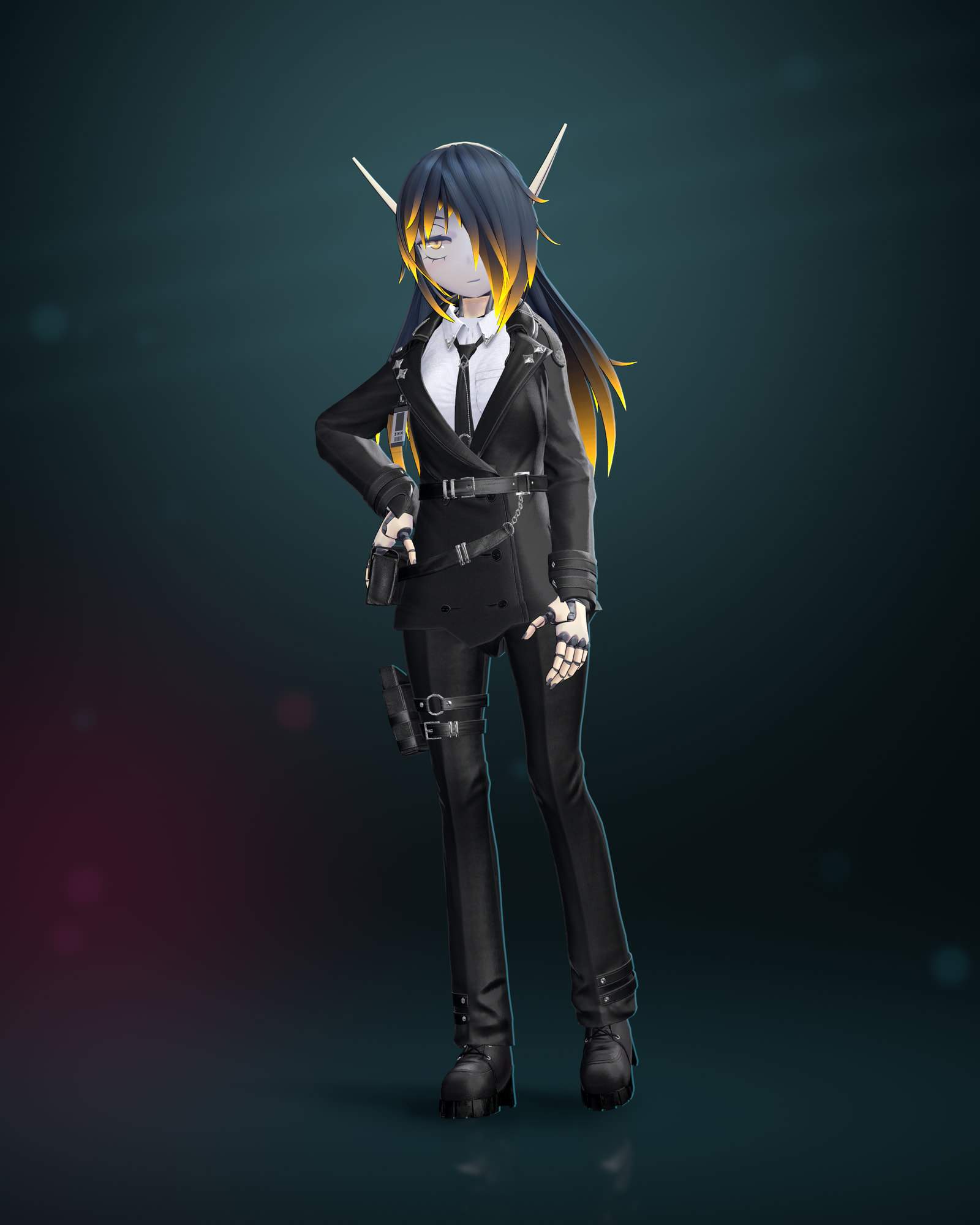 Full-length render of RUNA, a pale robot-girl VRChat avatar with long blue-black hair fading to neon-yellow tips and two ivory antennae, in the black SHADOW×AGENT suit: a short double-breasted coat with silver studs, a white shirt and black tie, belts with a small pouch, thigh straps and chunky boots. She stands with one hand on her hip against a dark teal backdrop.