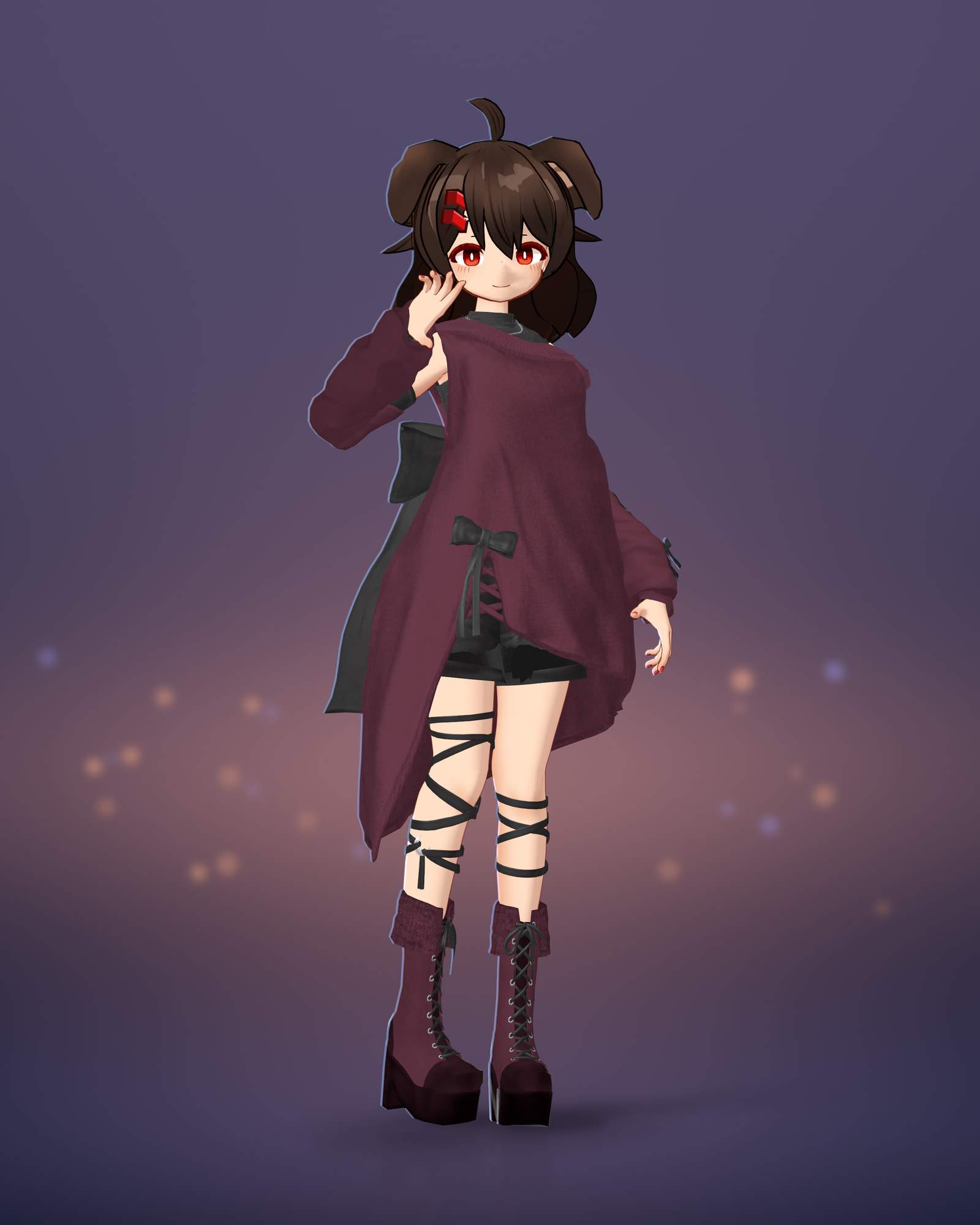 Full-body render of Akane, an anime-style VRChat avatar with brown hair, floppy dog ears and red eyes, in an oversized wine-red off-shoulder sweater dress, black shorts, black leg ribbons and wine-red lace-up platform boots, one hand raised to her cheek against a dusky lavender sky.