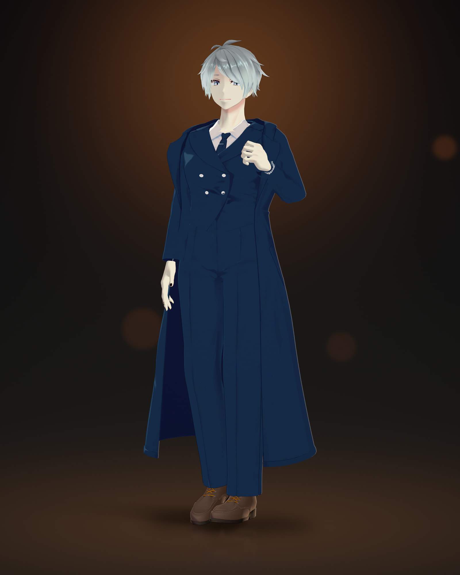 Full-length render of Alu, a tall silver-haired anime-style VRChat avatar, in a long open navy coat over a navy double-breasted waistcoat, white shirt, navy tie and trousers, with brown lace-up ankle boots, one hand raised to his coat lapel, against a warm charcoal-to-amber backdrop.