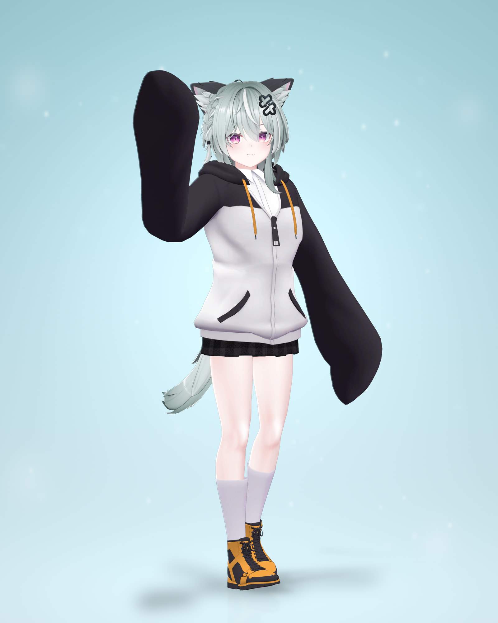 Full-body render of the Kirisame avatar waving one long black penguin-flipper sleeve. Pale mint-grey hair with a side braid, black-tipped animal ears, a black-and-white zip hoodie with orange drawstrings, white collared shirt, black plaid skirt, white knee socks and yellow-and-black lace-up boots, on a pale icy-blue background with soft snow.