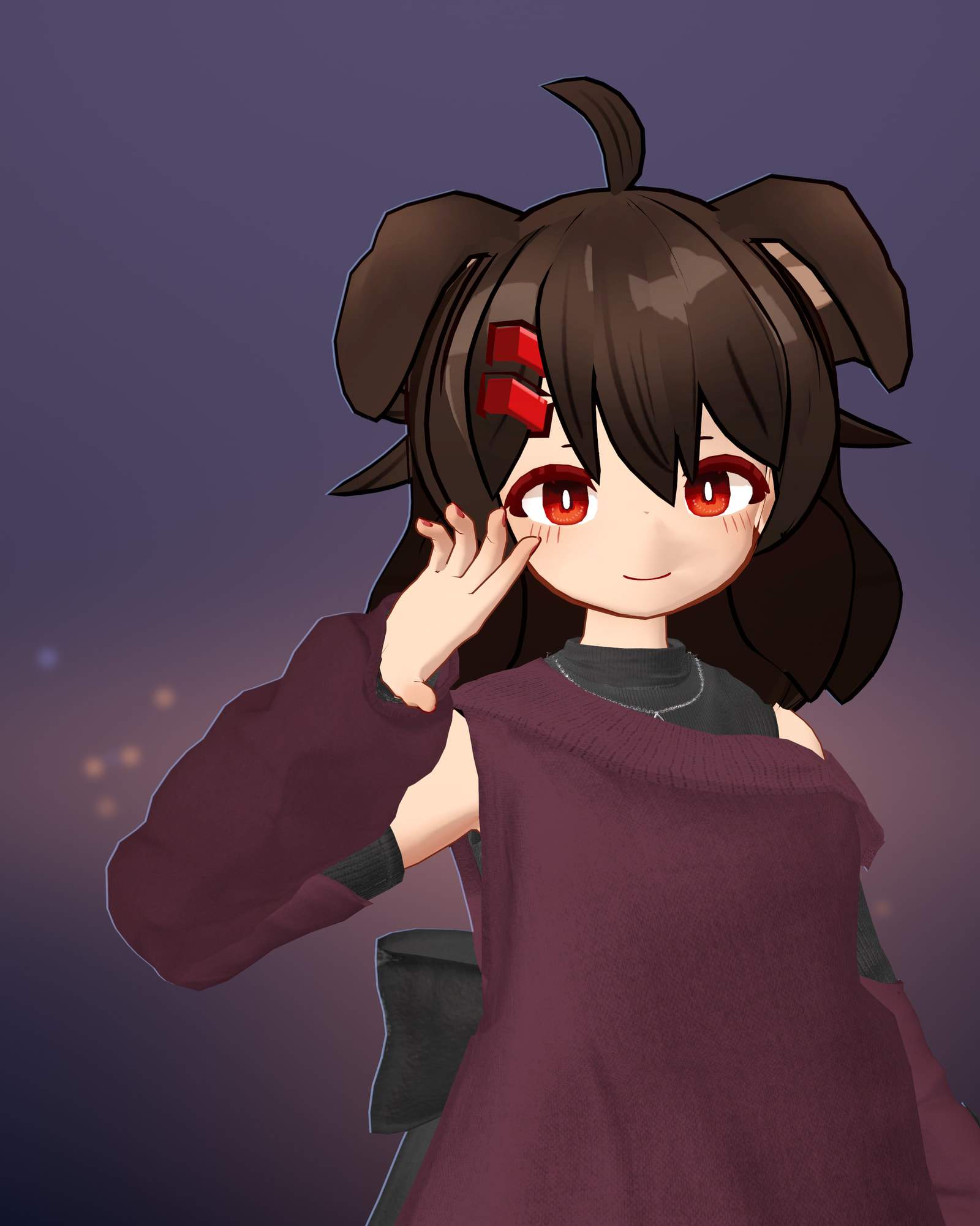 Waist-up render of Akane smiling softly with her fingertips at her cheek: brown hair with a single upright strand (an ahoge), floppy dog ears, a red hair clip and red eyes, wearing a wine-red knit sweater over a black high-neck top with a thin chain necklace.