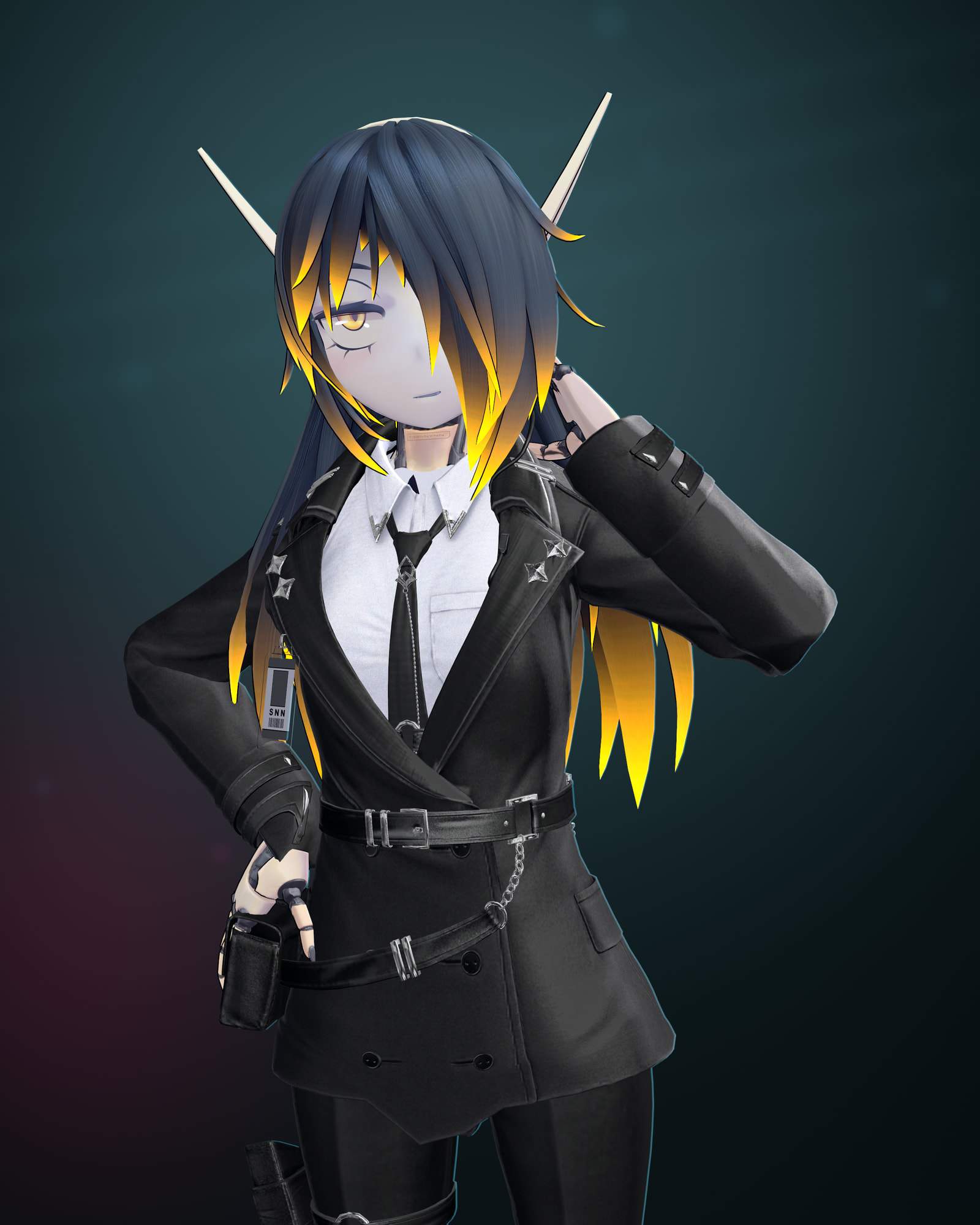 Portrait render of RUNA in the black SHADOW×AGENT suit, from head to upper thigh. One amber eye looks out from under her blue-black and neon-yellow fringe; she lifts her left hand to her earpiece as if listening, while her right robotic hand rests on her hip by a belt pouch. Dark teal background.