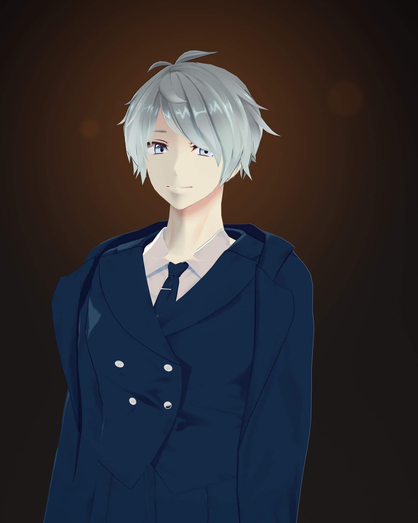 Waist-up portrait of Alu with silver hair falling over one eye and a slight smile, wearing a navy coat, a double-breasted waistcoat, a white shirt and a navy tie with a silver tie bar, on a dark amber background.