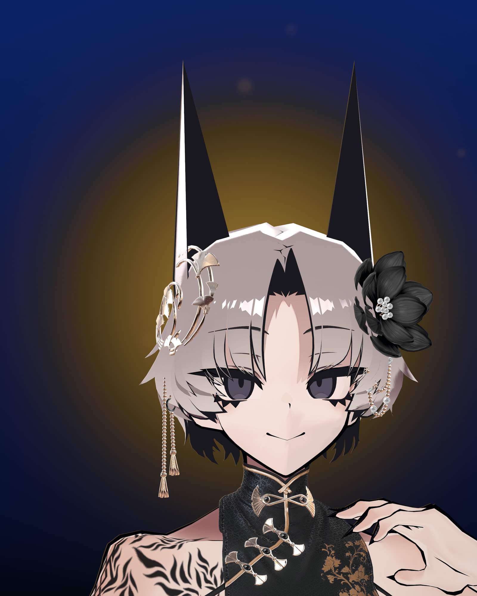 Close-up portrait of SiuSiu: a silver bob with black underlayers, tall black ears, a gold ginkgo hairpin with long beaded gold tassels, a black lotus hair flower with pearls, and a high cheongsam collar with gold frog fastenings; one hand with long black nails rests at the collar, against a blue backdrop with a gold glow.
