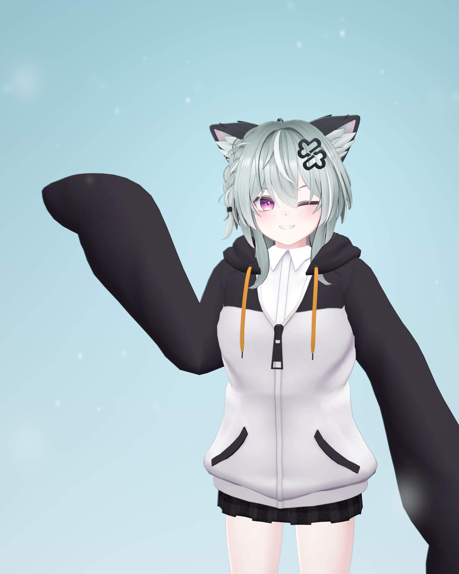 Portrait render of Kirisame from head to upper thigh, winking and grinning, one long black flipper sleeve raised out to the side. Pale mint-grey hair with a white streak and a black clip, black-tipped animal ears, and a black-and-white penguin hoodie with orange drawstrings over a white collared shirt, on a pale icy-blue background.