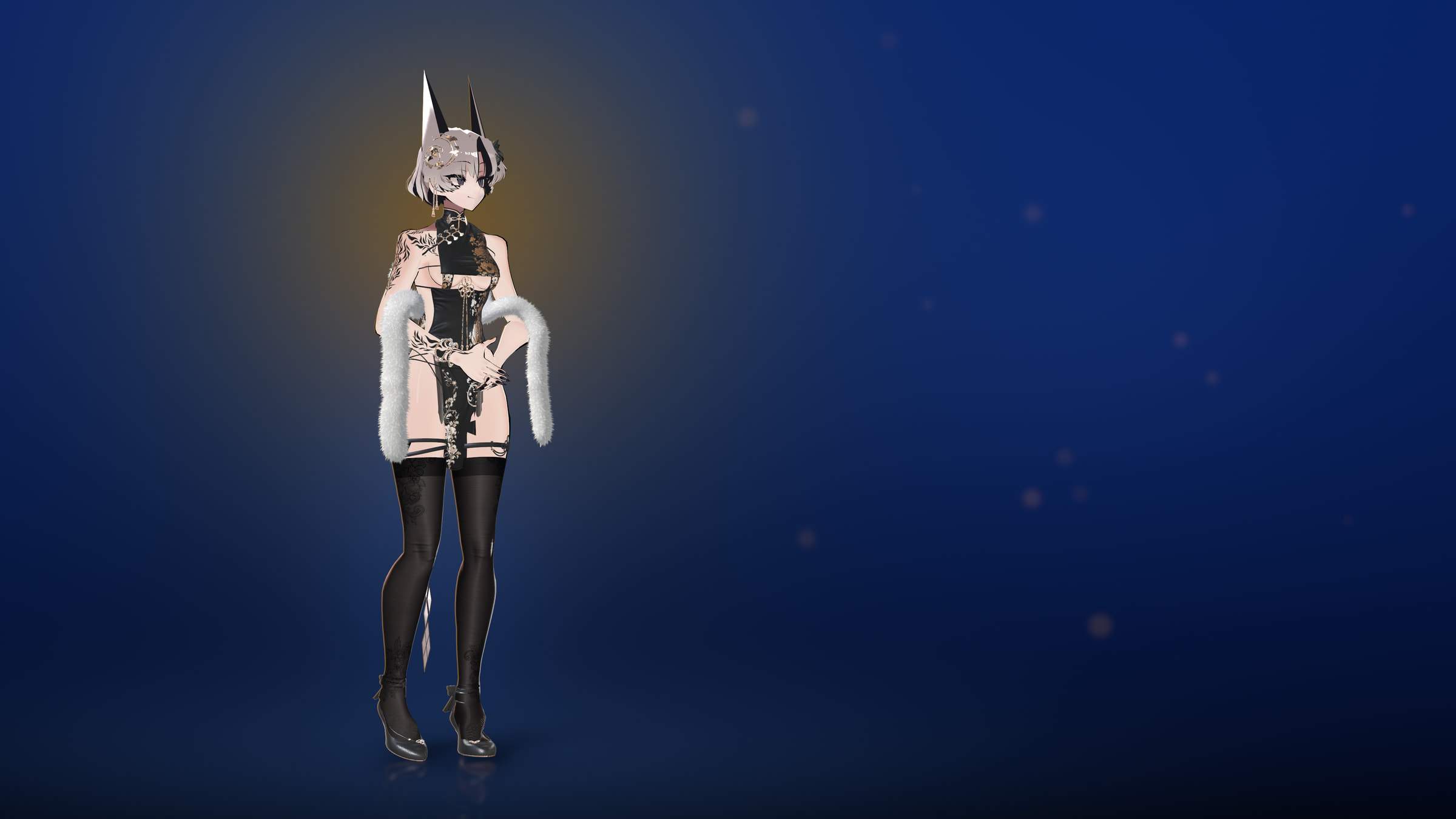 Wide render of SiuSiu in the black-and-gold cheongsam and white fur stole, standing in the left third of the frame and glancing towards the open space on the right, against a deep cobalt backdrop with soft, out-of-focus gold lights.