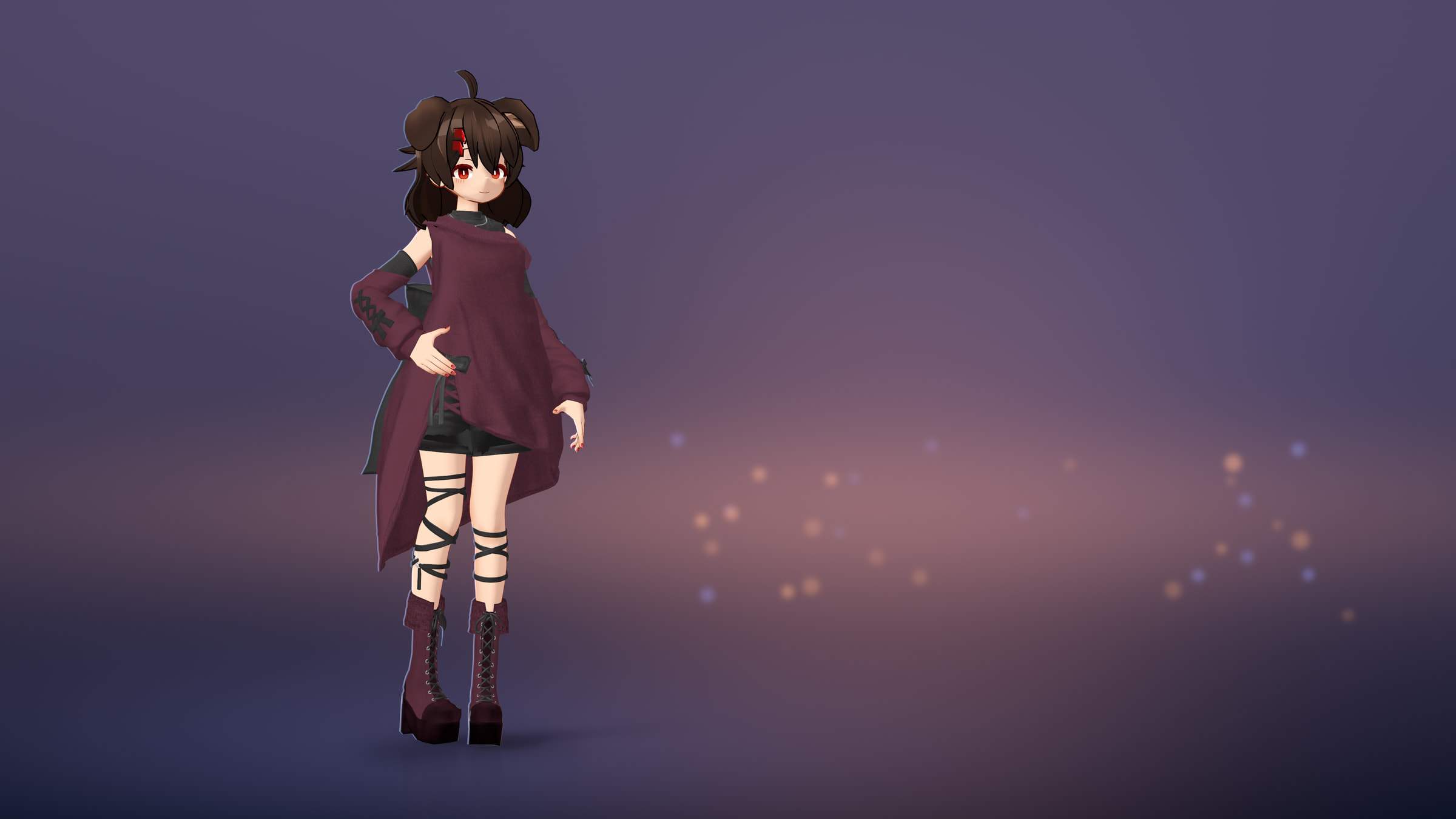 Widescreen render of Akane standing on the left with a hand on her hip, in a wine-red off-shoulder sweater dress, black shorts, leg ribbons and platform boots; the right side opens onto a lavender-to-navy dusk with a low peach glow and scattered soft, out-of-focus lights.