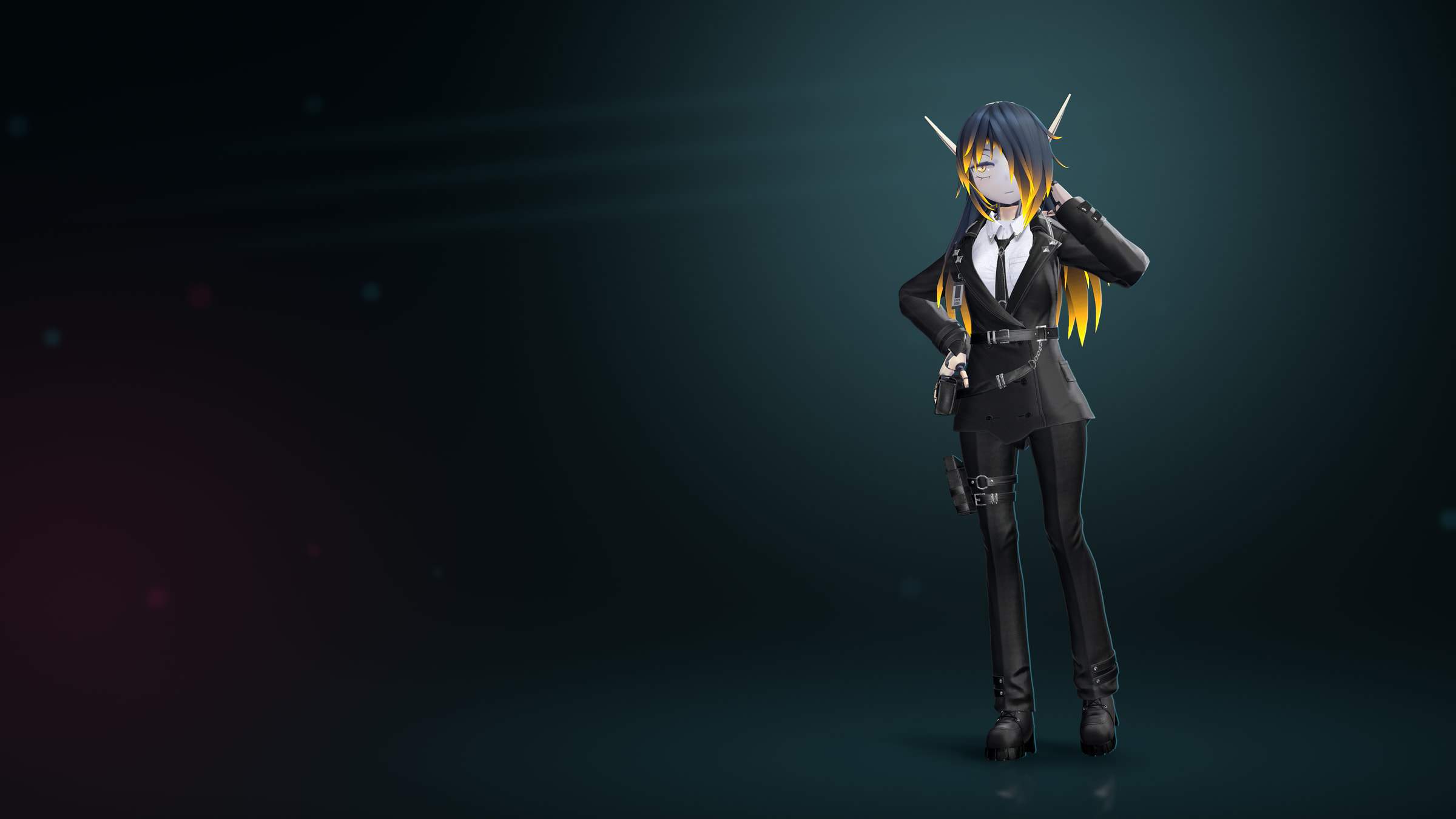 Widescreen render of RUNA in the black SHADOW×AGENT suit, standing on the right of a dark teal backdrop with soft diagonal light bars and a faint magenta glow, one hand at her earpiece and the other on her hip, looking into the empty space on the left.