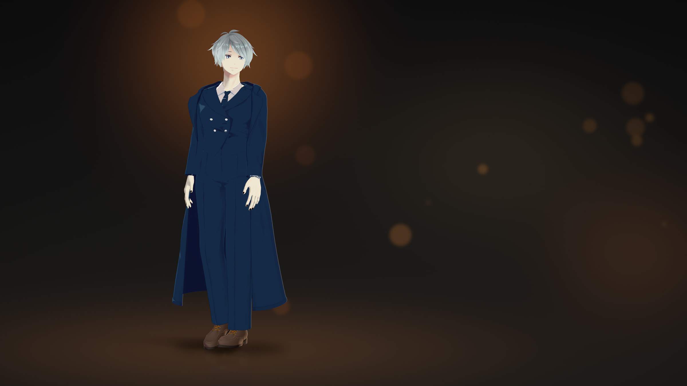 Wide render of Alu standing full-length on the left of the frame with his hands relaxed, in a long navy coat, navy suit and brown boots, with open dark space and soft amber lights on the right.