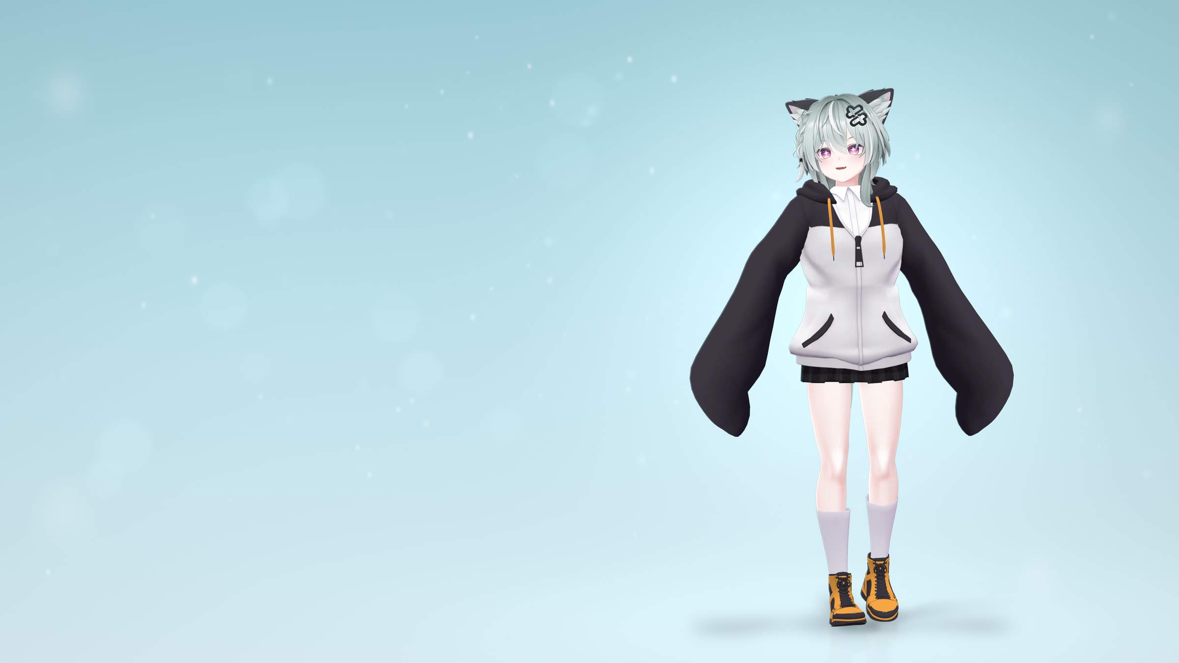 Wide render: Kirisame stands on the right in a black-and-white penguin hoodie, plaid skirt and yellow boots, both long flipper sleeves held down and out like a penguin, smiling with sparkling eyes and looking towards the empty pale-blue, snowy space on the left.